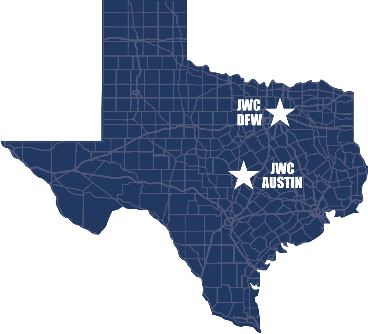 Map of Texas showing DFW and Austin offices